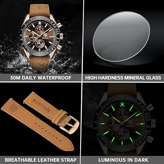 BENYAR Mens Watches Analog Quartz Chronograph Waterproof Men's Wrist Watches