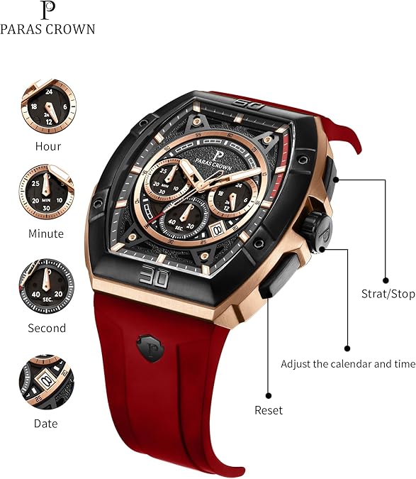 Paras Crown Watches for Men Tonneau 5ATM Waterproof Quartz Luxury