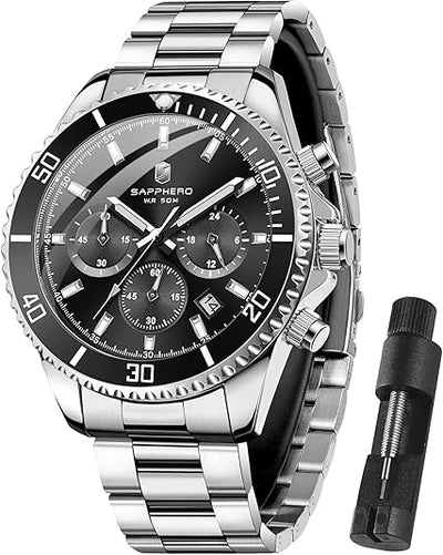 Mens Watches Analog Quartz Chronograph Stainless Steel Watches
