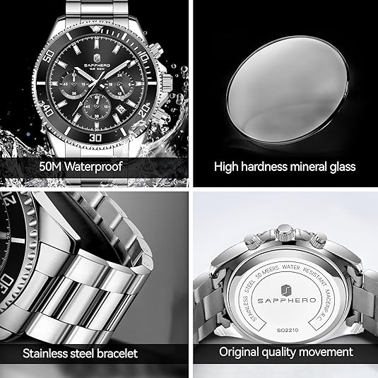 Mens Watches Analog Quartz Chronograph Stainless Steel Watches